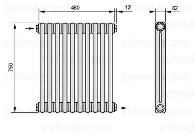 Схема (чертеж) Радиатор Zehnder Charleston 2075/10 №1670 Белый глянцевый RAL 9016